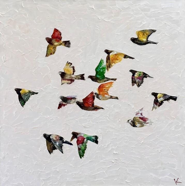 Oil painting with birds pigeons nature 绘画, 31.5x31.5 in