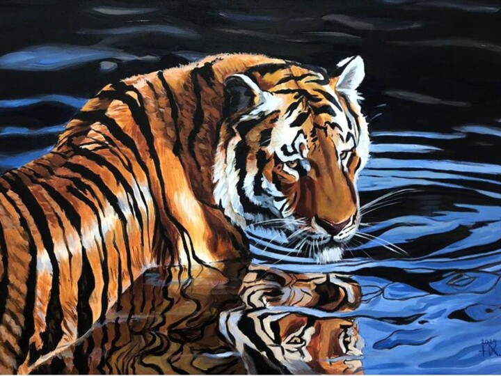 Tiger in the Water 绘画, 27.6x19.7 in