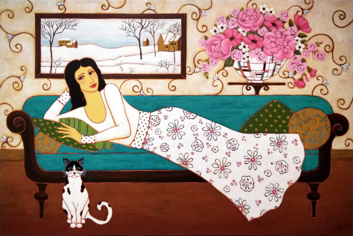 Woman with Winter Landscape & Pink Peonies 绘画, 40x60 in