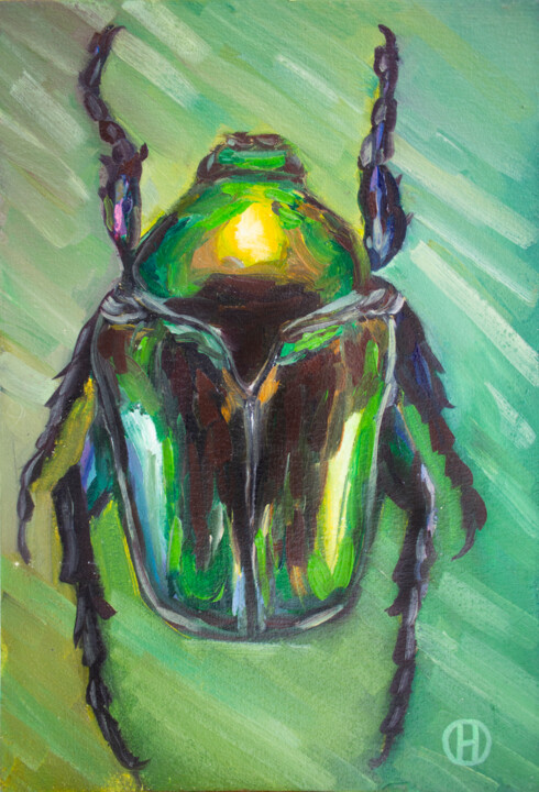 Schilderij getiteld "Emerald Beetle Shin…" door Nata Hit, Origineel Kunstwerk, Olie Gemonteerd op Karton
