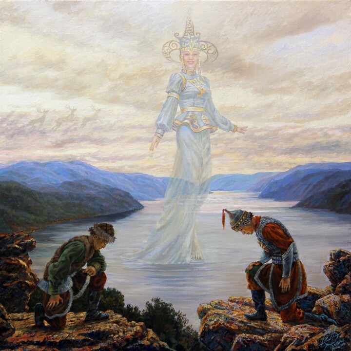 The Legend of the Origin of Lake Teletskoye (Altai Tale Tablo, 17,7x17,7 in