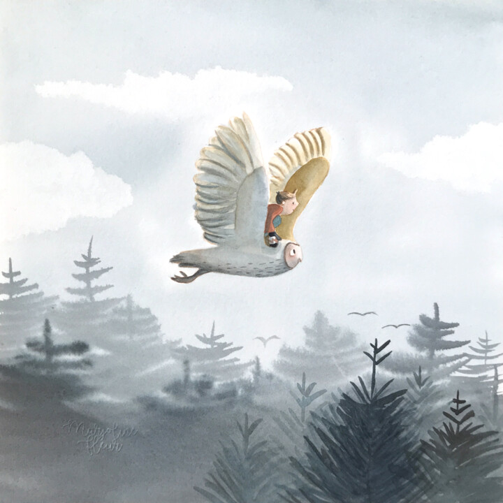 Painting titled "Chouette forêt" by Marjoline Fleur, Original Artwork, Watercolor Mounted on Cardboard