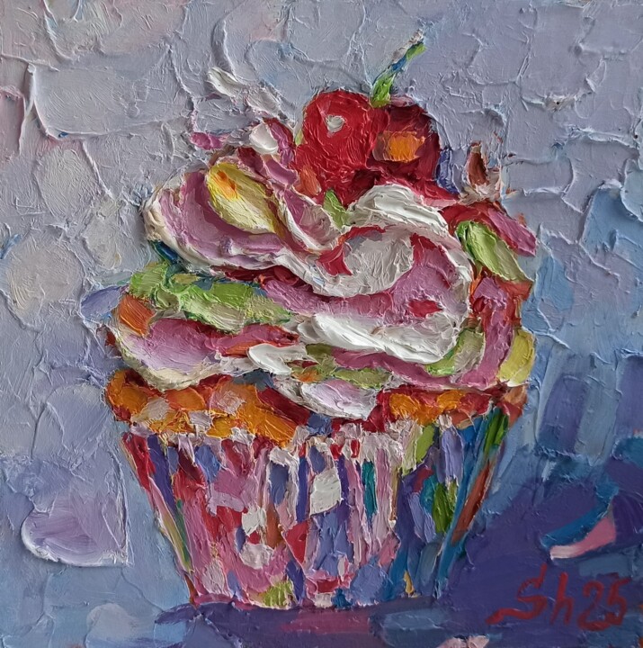 Cupcake Painting, Cake Original, Candy Food Impasto Artwork 绘画, 5.9x5.9 in