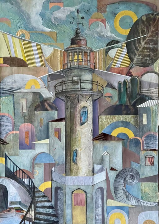 Painting titled "Faro antico" by Fabio Pacifico, Original Artwork, Acrylic Mounted on Wood Panel