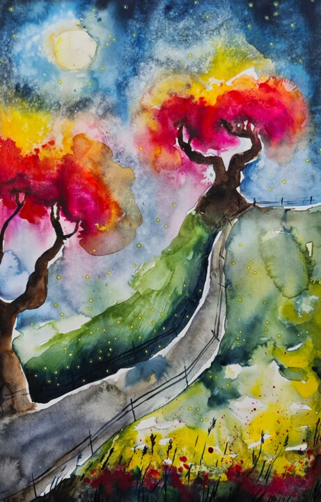 Painting titled "Whispering Trees of…" by Evgenia Smirnova, Original Artwork, Watercolor
