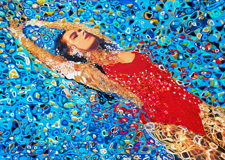 Moment of harmony. Woman in the swimming pool, sea, ocean 绘画, 23.6x31.5 in