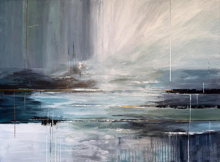 Whisper of the Tides. Large Abstract Ocean Blue silver gold Картина, 39,4x55,1 in