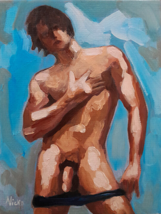 Summer Time "Beach boy" 绘画, 9.5x7.1 in