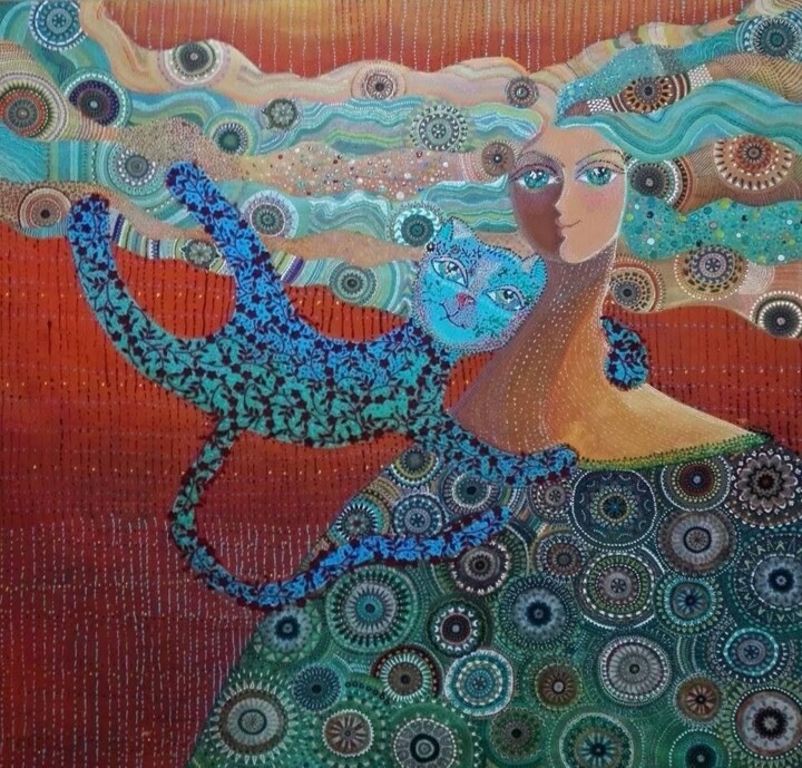 Madonna with a Blue cat 绘画, 39.4x39.4 in