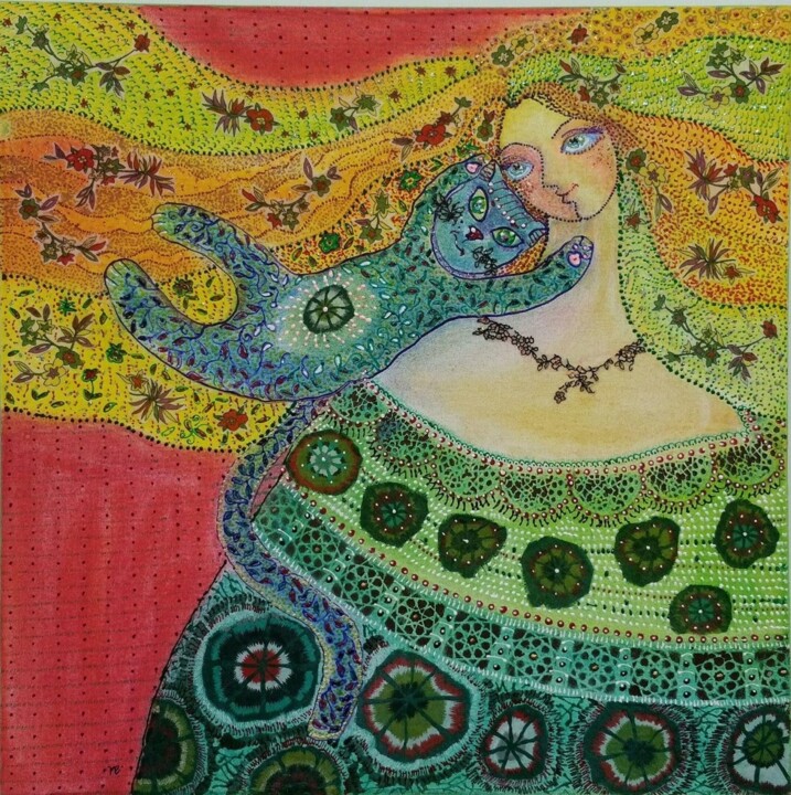 Madonna with Green cat 绘画, 31.5x31.5 in