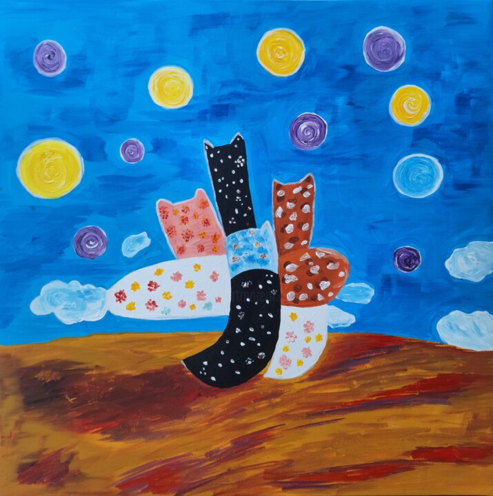 Flying Cat in the Sky – Colorful Acrylic Painting, Naïve Art Картина, 15,8x15,8 in