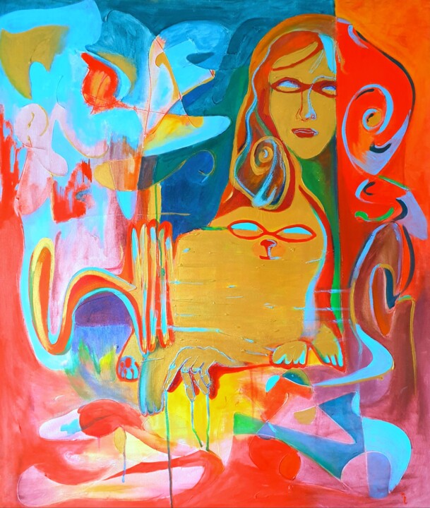 Madonna with golden cat 绘画, 47.2x39.4 in