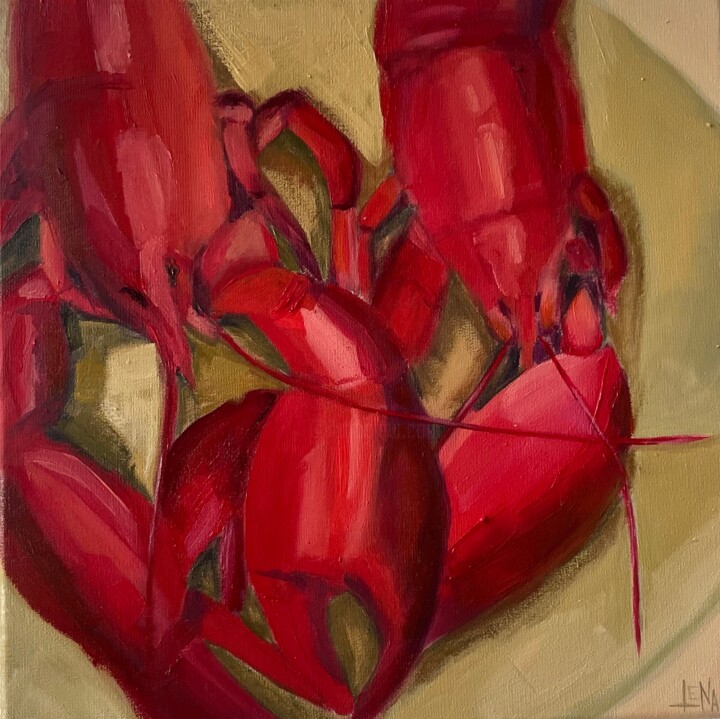 Painting titled "Passionate dinner" by Elena Kozlova, Original Artwork, Oil Mounted on Wood Stretcher frame