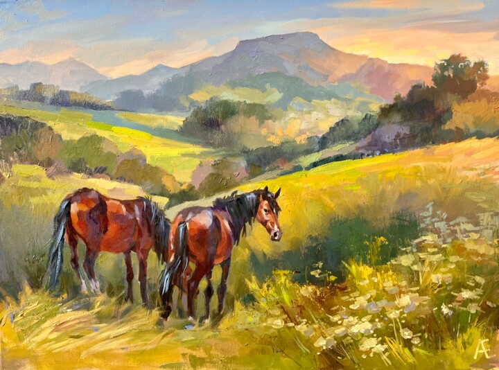 Chevaux dans les Pyrénées. La Rhune 绘画, 28.4x20.9 in