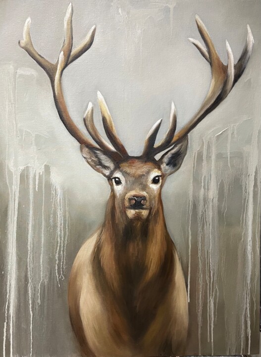 Painting titled "My dear deer" by Elena Kozlova, Original Artwork, Oil Mounted on Wood Stretcher frame