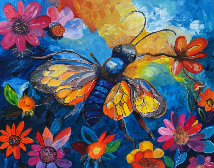 "Butterfly’s Enchantment" – Acrylic, Flowers & Bees Art 绘画, 19.7x23.6 in