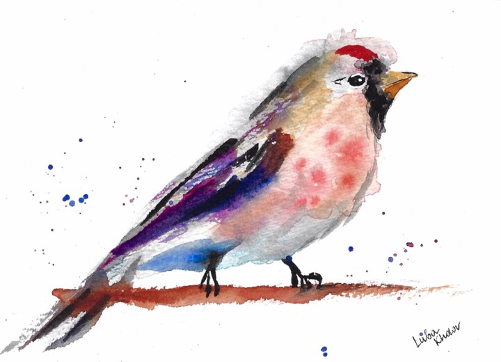 Watercolor Redpoll Bird Sketch - Red, Yellow, Purple Feather Schilderij, 5x7 in