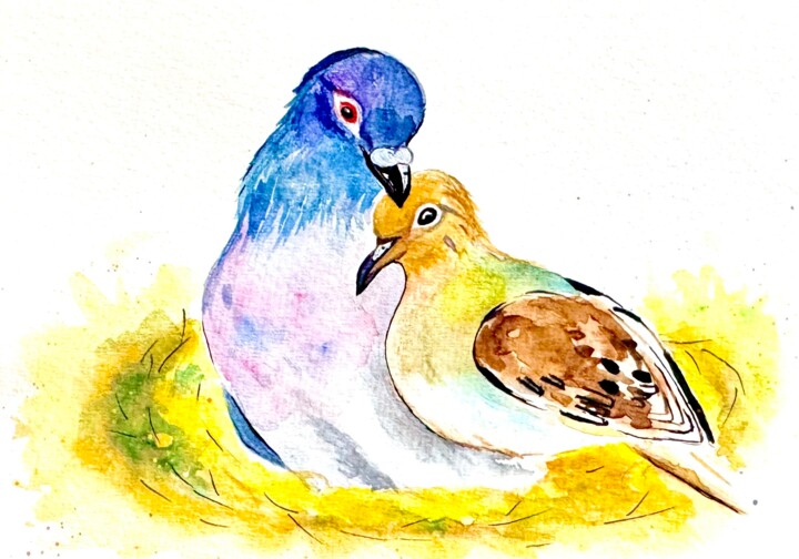 Pigeon and Dove Watercolor Sketch - Mixed Marriage Artwork Malarstwo, 7x5 in