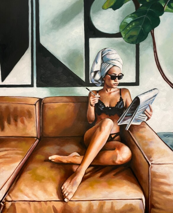 Painting titled "Crosswords queen" by Thomas Saliot, Original Artwork, Oil