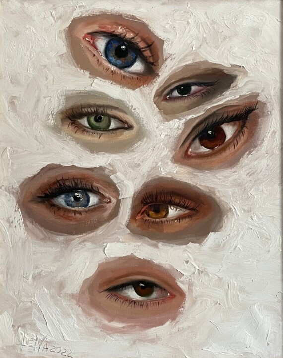 Painting titled "I see you" by Elena Kozlova, Original Artwork, Oil Mounted on Wood Stretcher frame