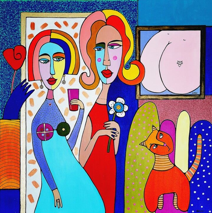 Two Women in the Art Gallery Abstract Feminine Art. Pittura, 35,4x35,4 in