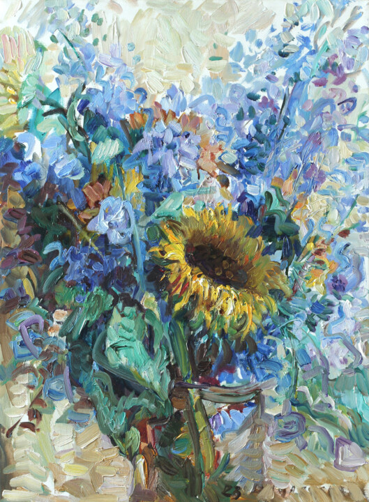 Sunflower on blue Schilderij, 21,7x15,8 in