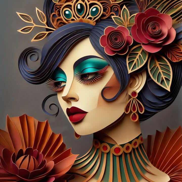 Papercraft Elegance: The Crimson Duchess 数字艺术