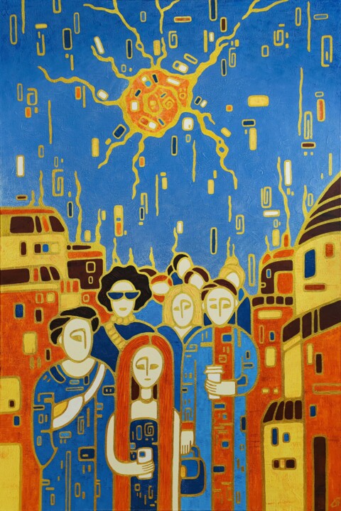 Street under the orange sun, acrylic painting Painting, 47.2x31.5 in