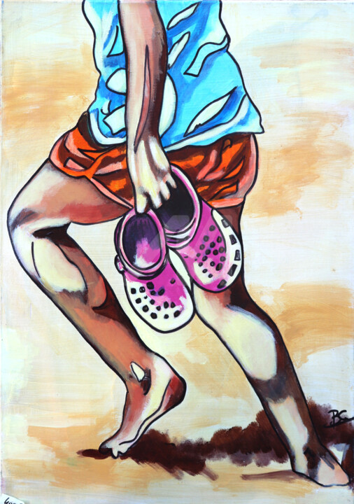 Modern painting, young man walking on the beach 绘画, 27.6x19.7 in