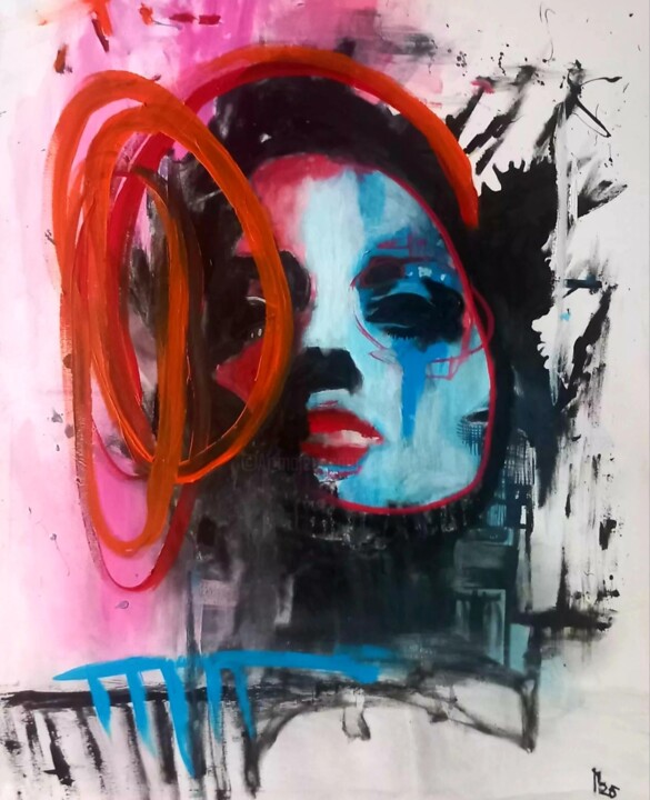 Painting titled "Die blaue Frau" by Ole Müller, Original Artwork, Acrylic Mounted on Wood Stretcher frame