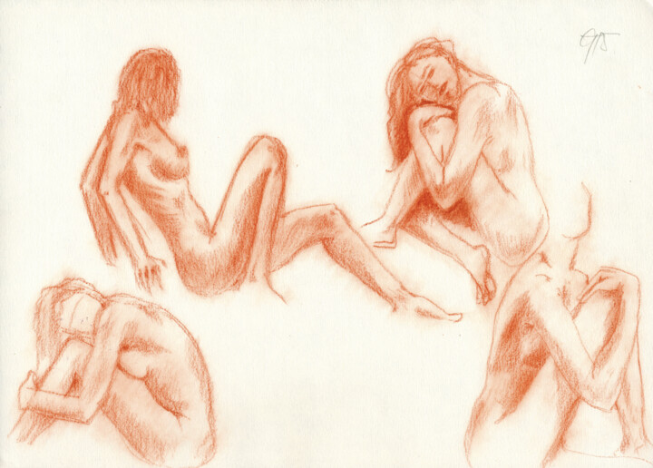 Skizze vier sitzende Frauenakte. Рисунок, 8,3x11,4 in