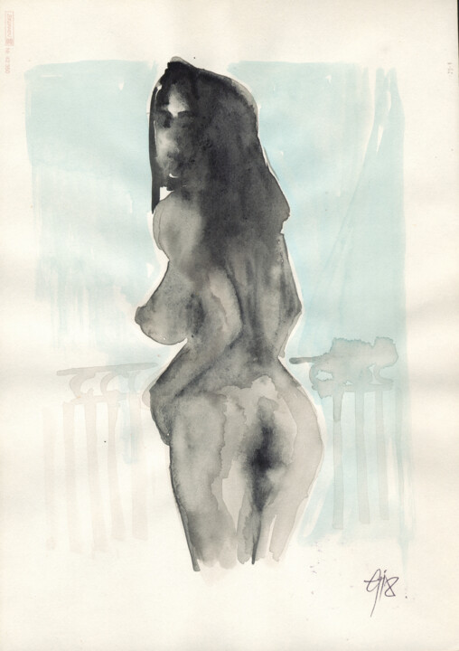 Stehender Rückenakt mit Blickwendung. 图画, 11.4x8.3 in