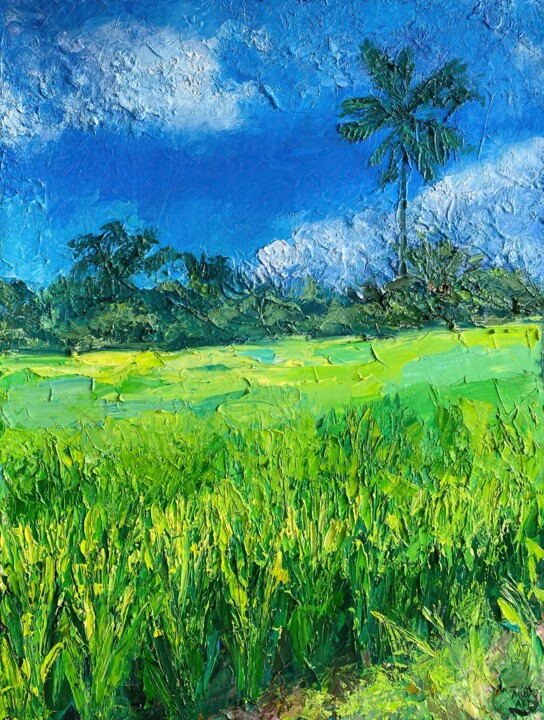 Bali Rice Fields Oil Painting - Tropical Landscape Wall Art 绘画, 31.5x23.6 in