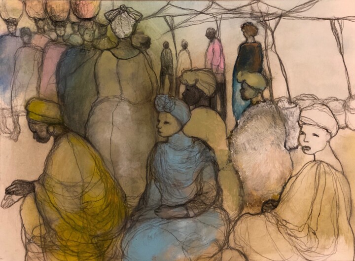 Painting titled "Marché malien" by Hugo Bartoli, Original Artwork, Watercolor