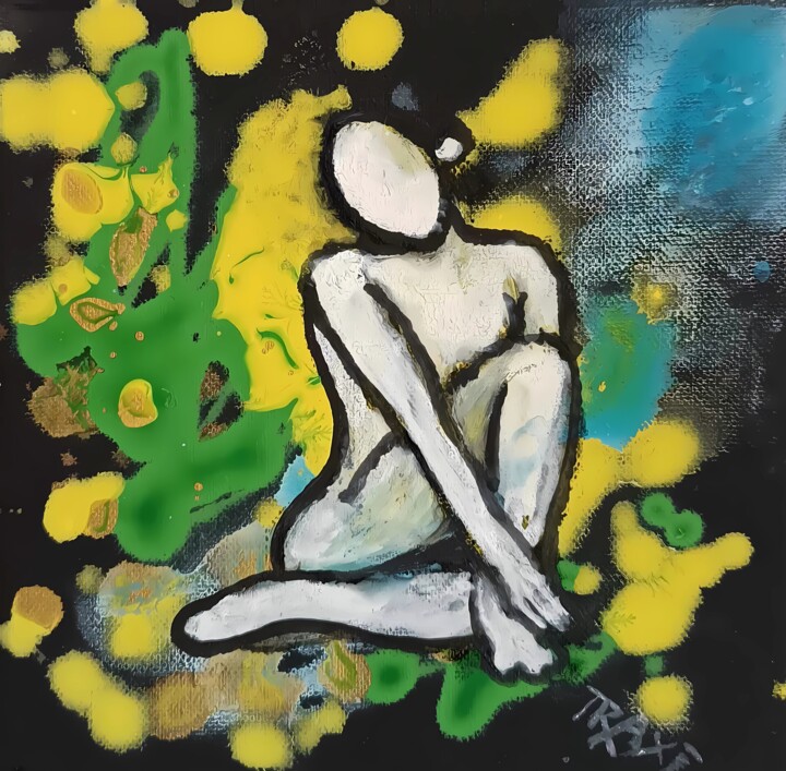 White Silhouette in Motion, Woman Portrait 绘画, 7.9x7.9 in