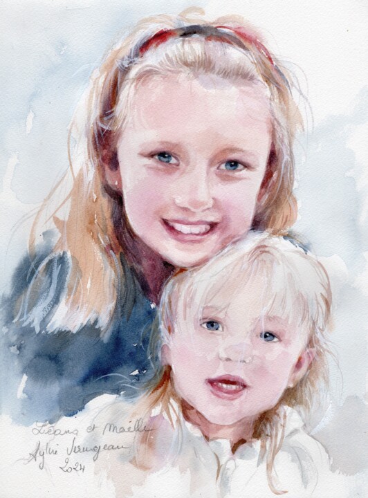 Peinture intitulée "Deux petites filles" par Sylvie Vernageau, Œuvre d'art originale, Aquarelle Monté sur artwork_cat.