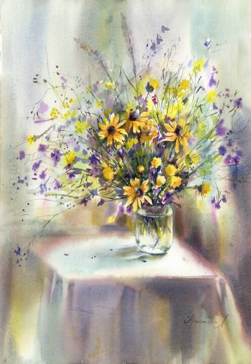 Summer bouquet of wildflowers. Watercolor. Tablo, 22,1x15 in