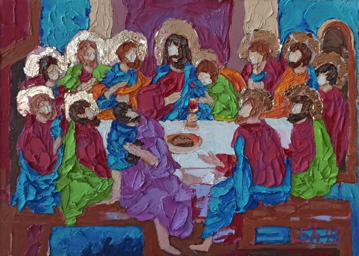 Last Supper Painting, Lord Jesus Impasto, Disciples Christ Malarstwo, 5,9x8,3 in