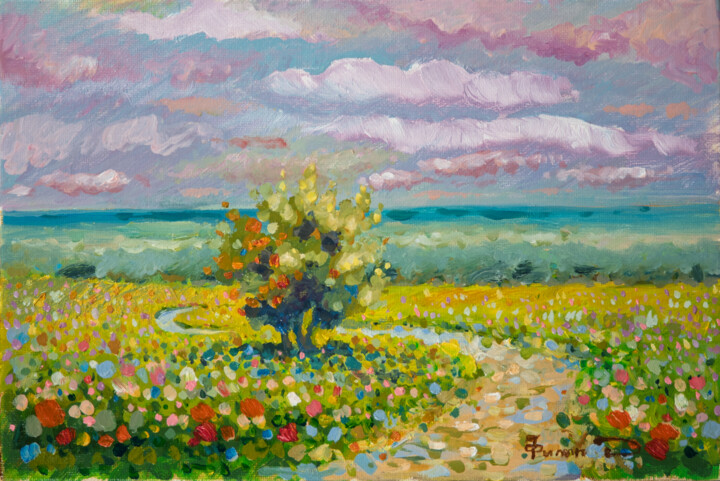 Lone apple tree on path to sea 绘画, 7.9x11.8 in