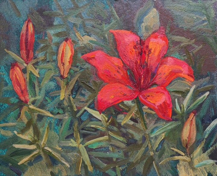 Character of lilies. Red lily oil painting 绘画, 7.9x9.8 in