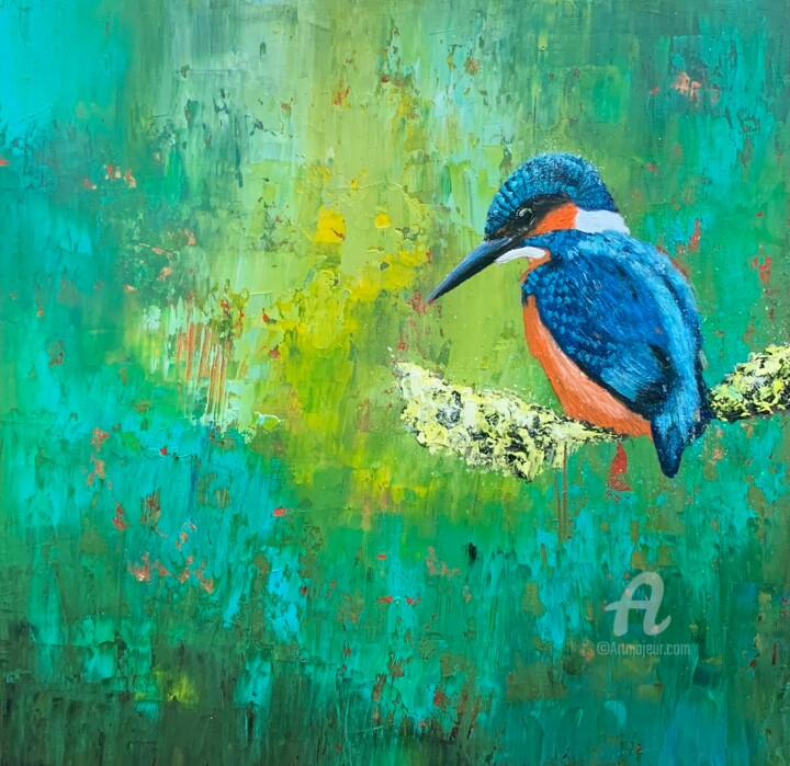 Painting titled "Kingfisher by the R…" by Laure Bury, Original Artwork, Oil Mounted on Wood Stretcher frame