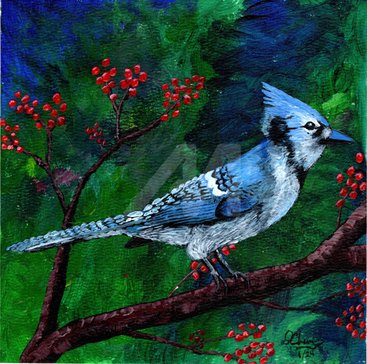 Bluebird Berries 绘画, 8x8 in