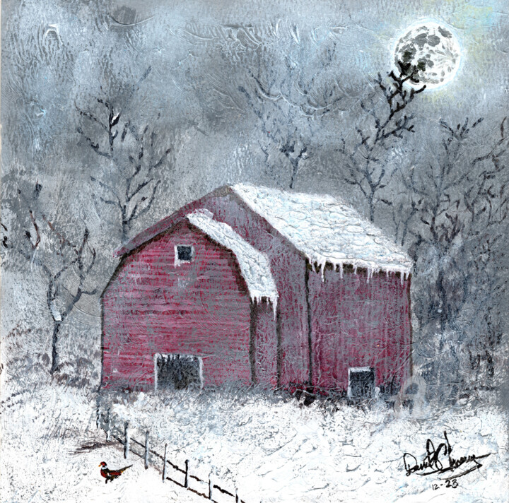 Winter Night on the Farm Pintura, 8x8 in