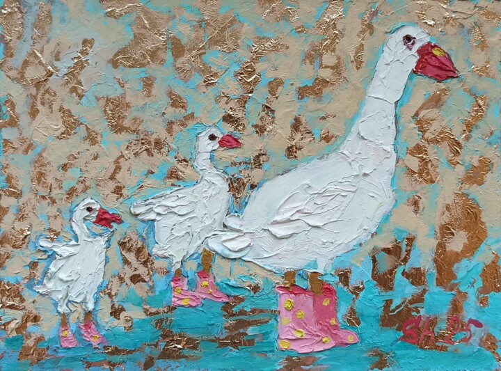 Birds in Boots Original, Gooses Painting, Duck with Duckling Tablo, 5,9x7,9 in