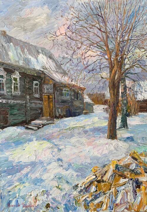 Peinture intitulée "Старый дом в Давыдо…" par Vasilii Shikhanov, Œuvre d'art originale, Huile Monté sur Châssis en bois