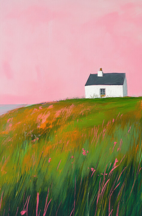 Countryside landscape. White cottage on a hill at sunset Tablo, 47,2x31,1 in