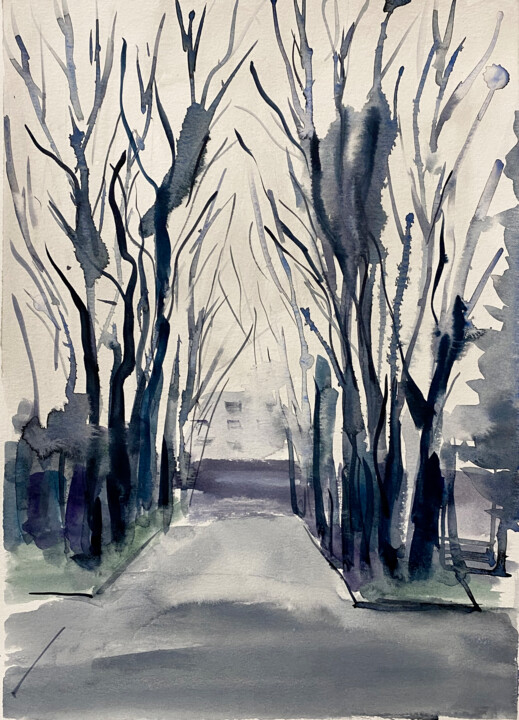 The Timeless Road – black and white watercolor Pittura, 14,4x10,2 in