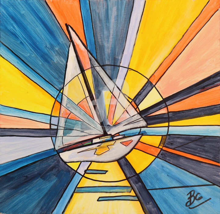 Marine boat on geometric background 绘画, 19.7x19.7 in