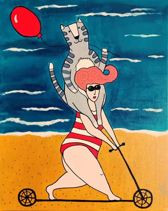 Seaside Adventure Woman and Cat on a Scooter Naive Art. 绘画, 19.7x15.8 in