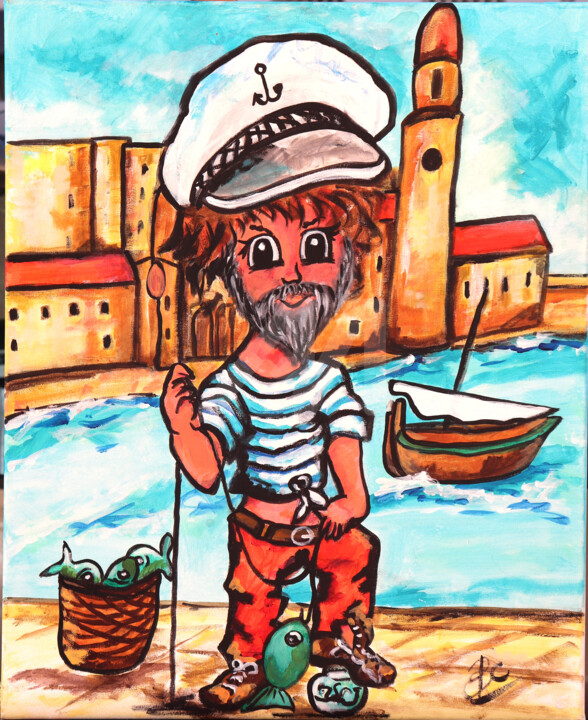Little Sailor in Collioure – A Charming Naïve Art Piece 绘画, 23.6x19.7 in